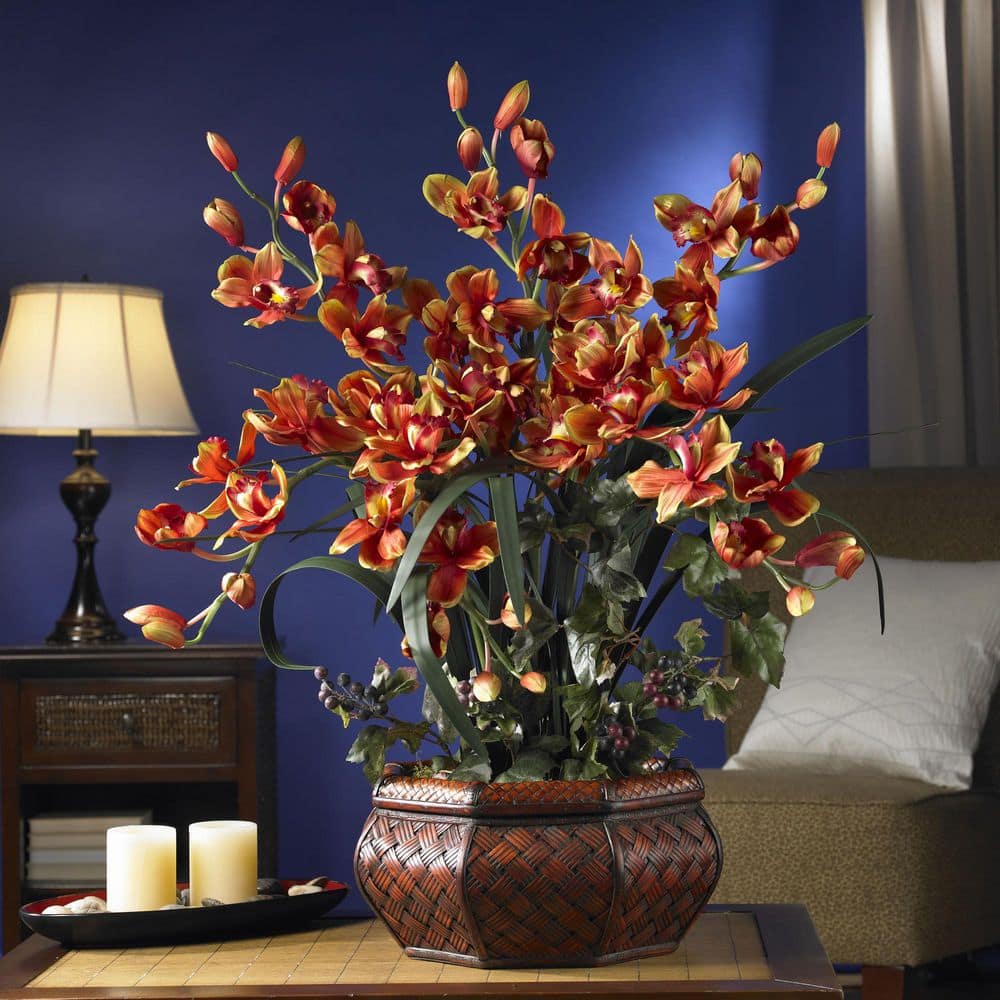 Burgundy Cymbidium Orchid with Lights in Woven Planter