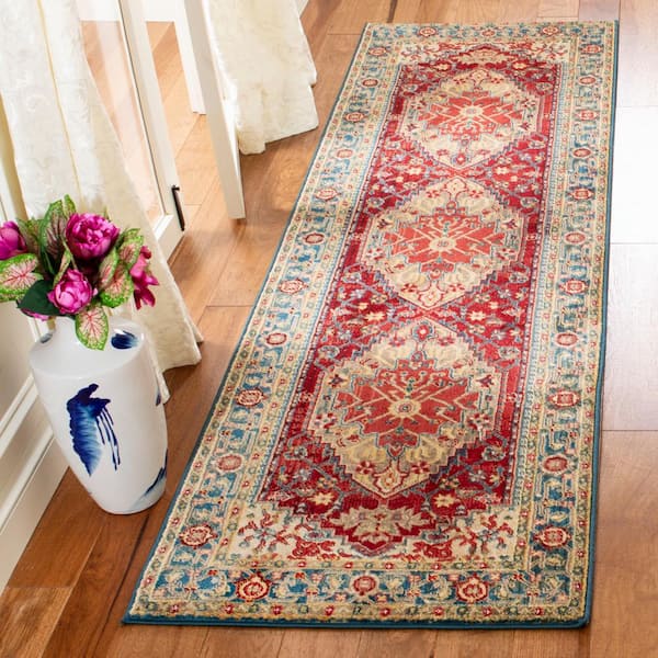 Kashan 3 ft. x 10 ft. Blue/Red Border Runner Rug