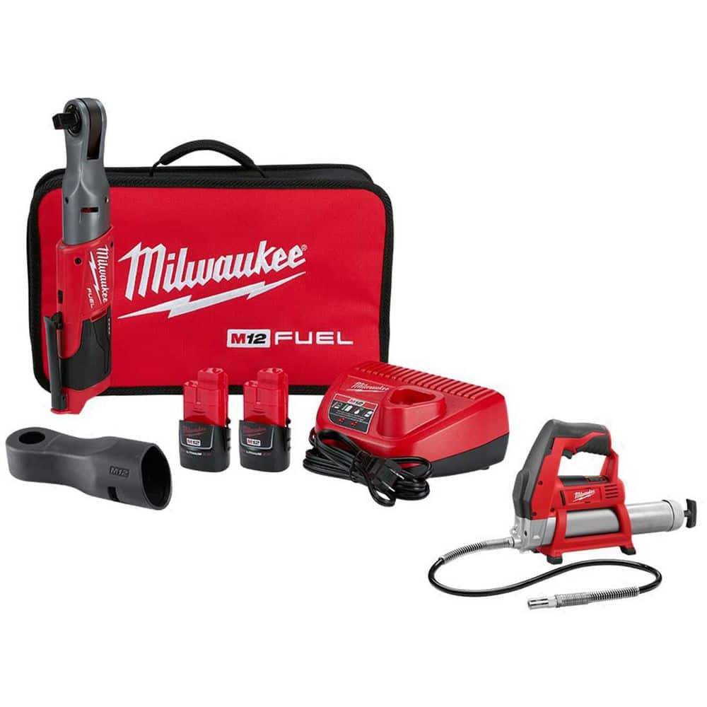 Milwaukee M12 FUEL 12V Lithium-Ion Brushless Cordless 1/2 in. Ratchet Kit W/ M12 Grease Gun 2558-22-2446-20 The Home Depot