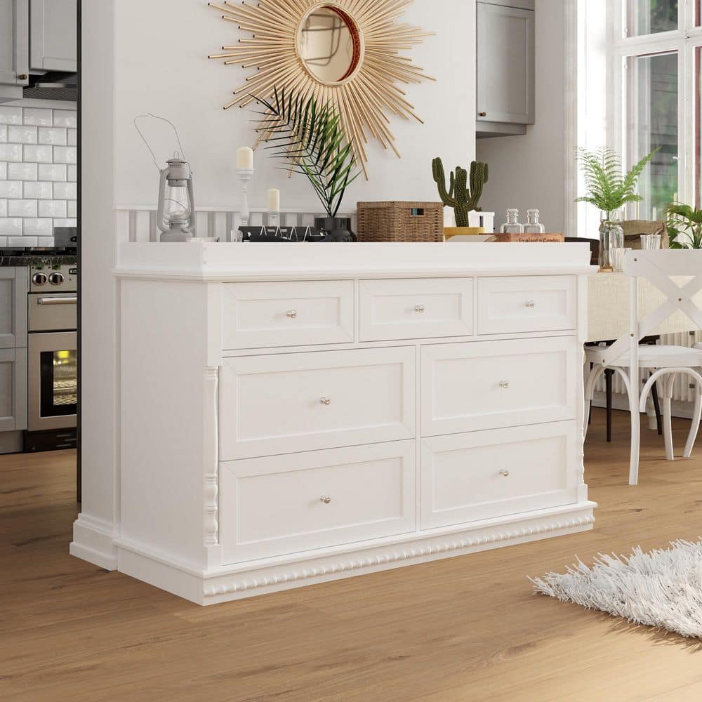 White 7-Drawer 56.5 in. Bedroom Furniture Dresser with Detachable Guardrail Top