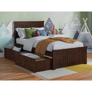 Nantucket Walnut Brown Solid Wood Frame Twin Platform Bed with Matching Footboard and Storage Drawers