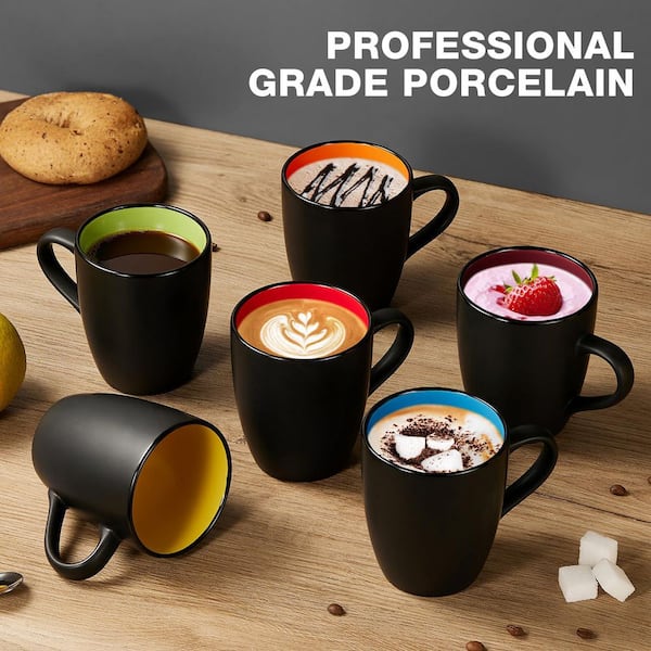 Numhew 12 oz. Black Porcelain Coffee Mug, Restaurant Cups for Coffee, Cappuccino, Black outside and Colorful inside (Set of 6)