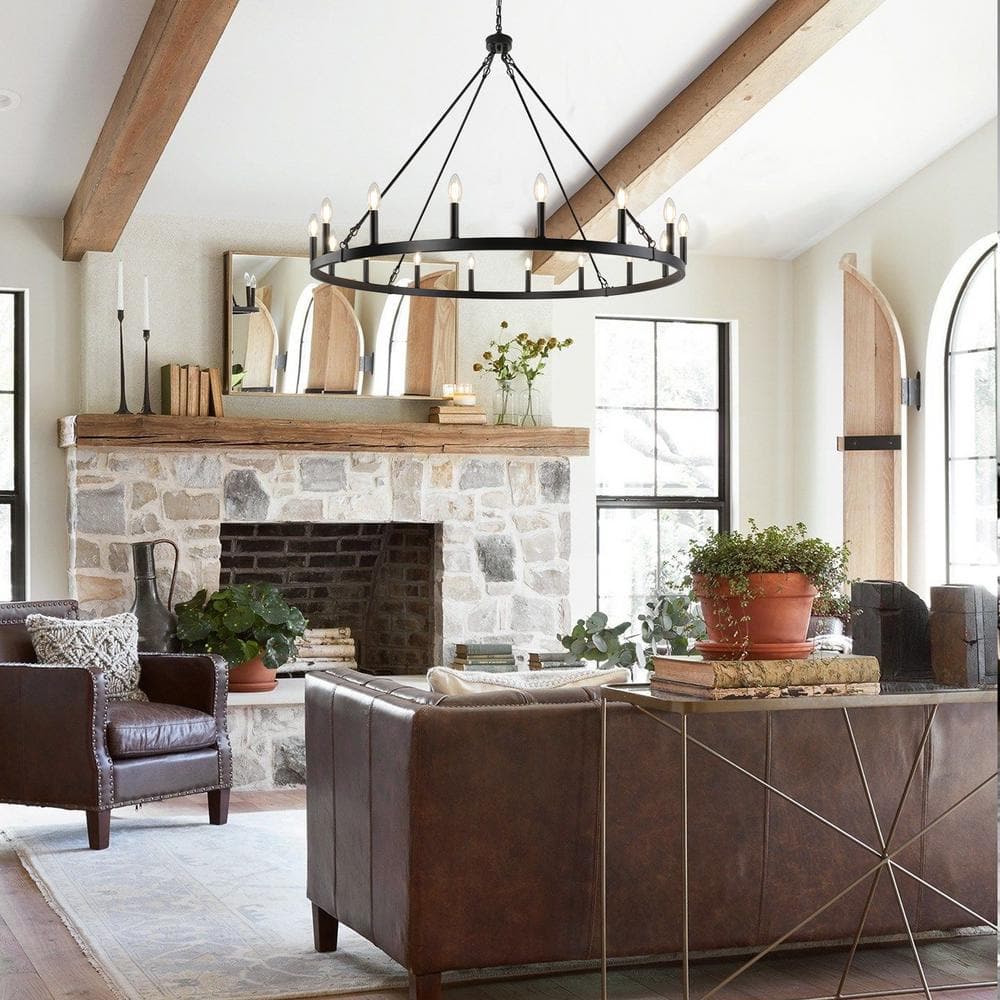 Large Black Metal Wagon Wheel Candle Chandelier