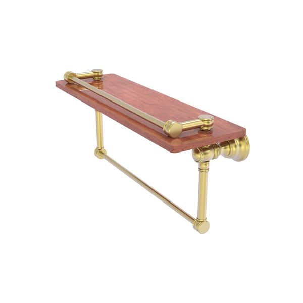 Allied Brass Carolina Collection 16 in. W x 7.4 in. H x 5.54 in. D Brass Rectangular Gallery Wood Shelf with Towel Bar in Satin Brass