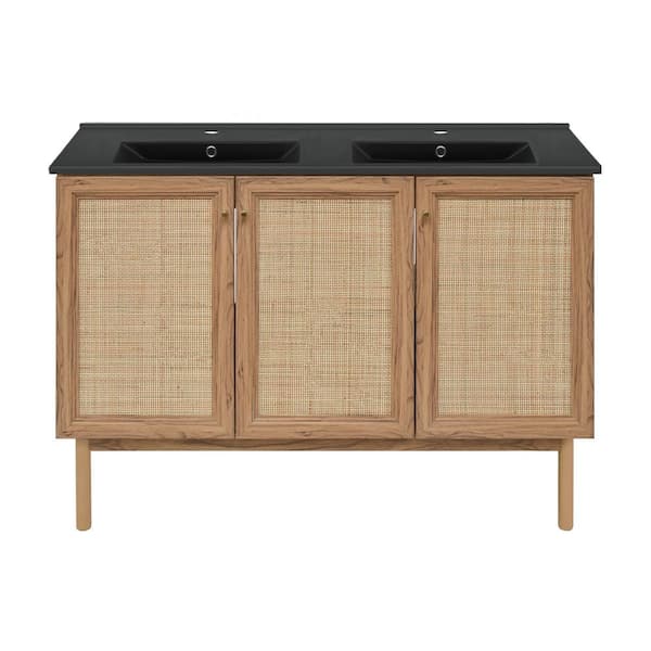 Swiss Madison Classed 48 in. Double Basin Bathroom Vanity in Brown Oak with Black Ceramic Sink Top