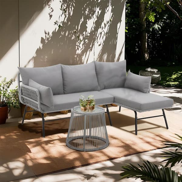 Bezseller 3-Piece Wicker Patio Conversation Set with Gray Cushions, Rattan Furniture Set with Coffee Table