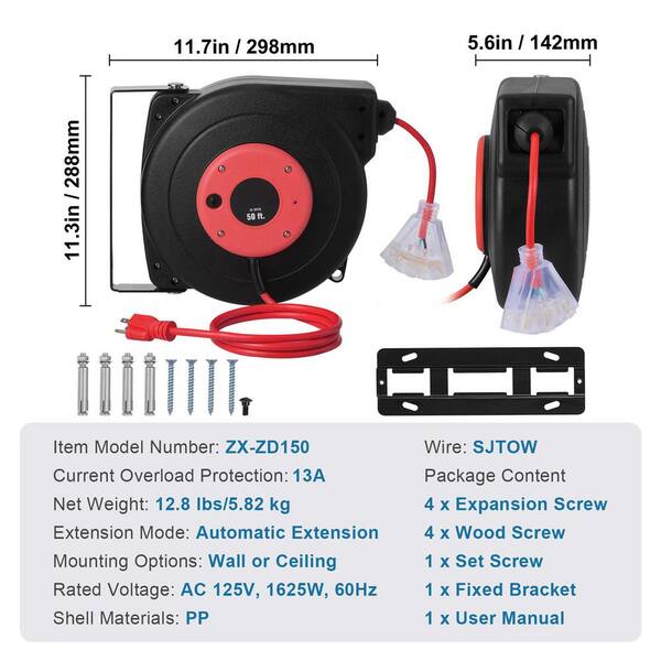 SKYSHALO Retractable Extension Cord Reel 50 ft. Heavy Duty 14 / 3
