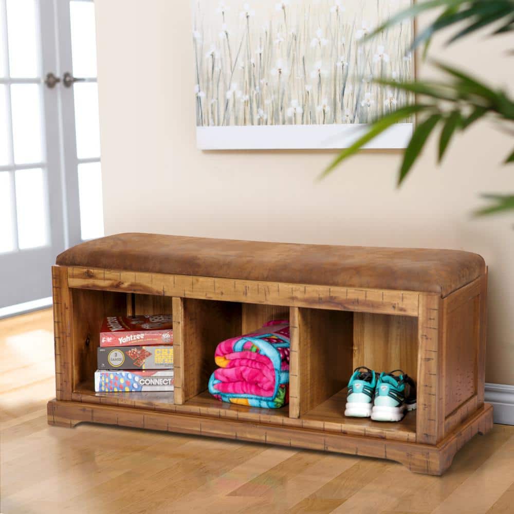 Distressed Toffee Brown Acacia Hall Bench with Storage and Microfiber Seat