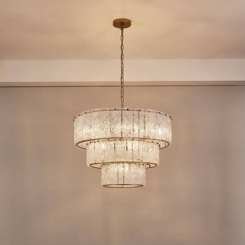 Distressed Gold 8-Light 3-Tiered Glass Drum Chandelier
