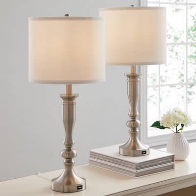 3-Way Rotary Switch and LED Bulb Catalina Lighting Logan 33.25 Brushed Nickel Metal Arc Table Lamp with Off-White Faux Silk Shade 20722-001 
