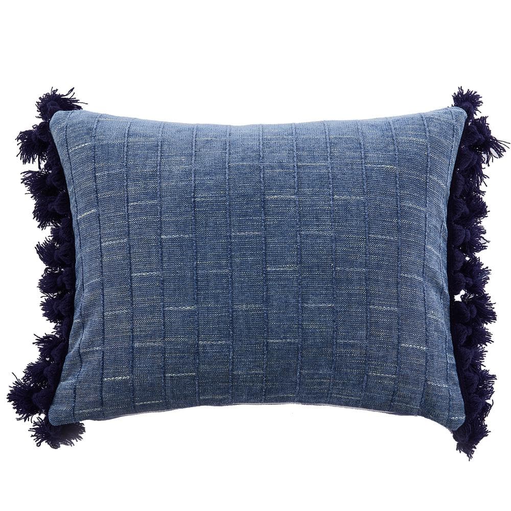 Coordinating Decorative Throw Pillow Covers, Square, 18 inch x 18 inch, Blue, Set of 4, Chambray and Geometric Patterns with Tassels and Fringe for