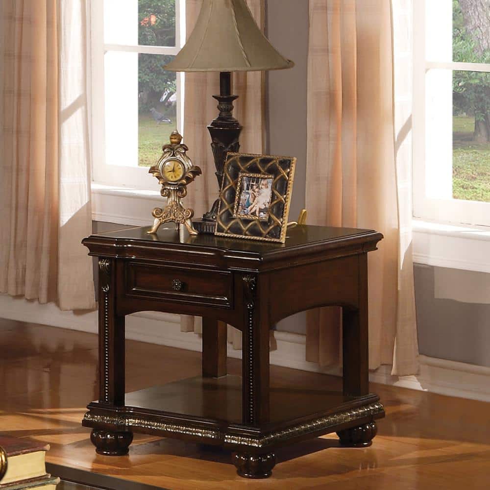 Cherry Brown Wooden End Table with Glass Top and Storage