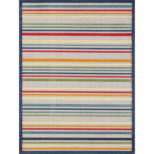Kas Rugs Calla Ivory/Multi Stripes 5 ft. x 8 ft. Striped Indoor/Outdoor Accent Rug