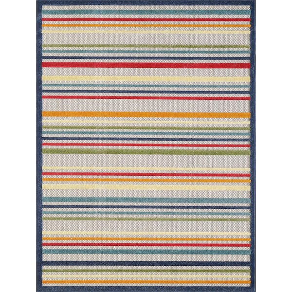 Kas Rugs Calla Ivory/Multi Stripes 7 ft. x 9 ft. Striped Indoor/Outdoor Area Rug
