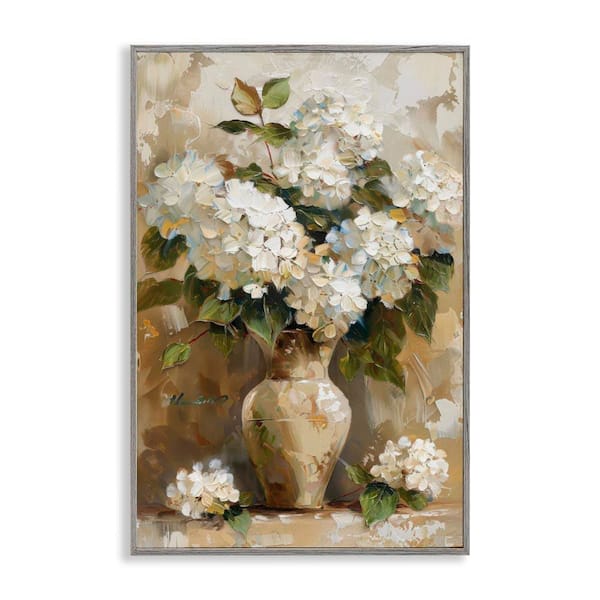 Vintage White Hydrangeas by LSR Design Studio Gray Framed Nature Giclee Art Print 30 in. x 20 in.