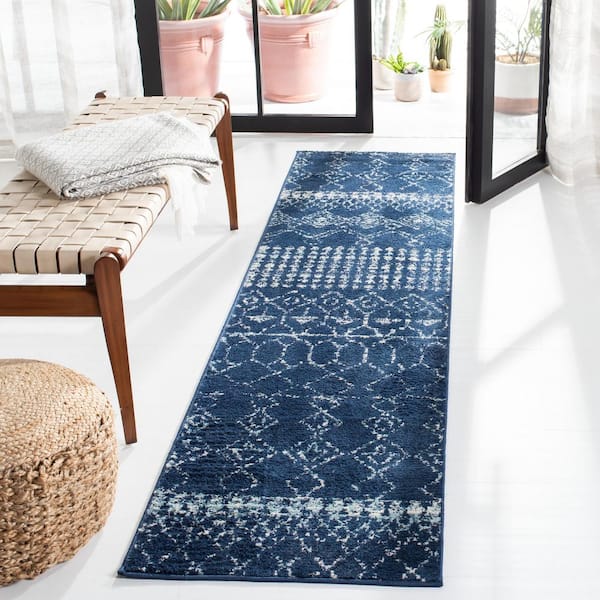 Tulum Navy/Ivory 2 ft. x 7 ft. Moroccan Runner Rug