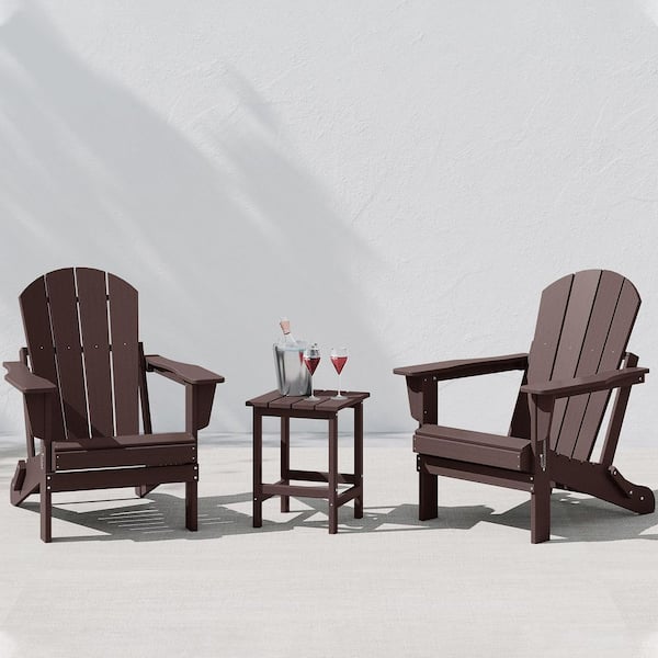 Laguna 3-Piece Fade Resistant Outdoor Patio HDPE Poly Plastic Folding Adirondack Chair Set with Side Table in Dark Brown