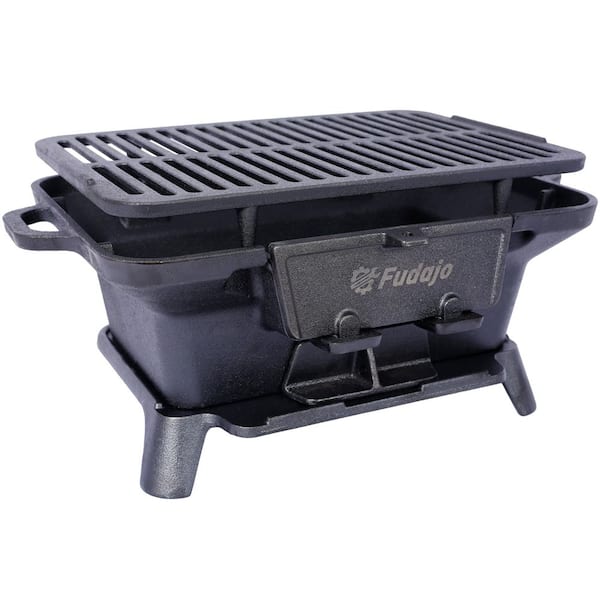 Portable Rectangle Cast Iron Outdoor Charcoal Grill, Tabletop Skillet in Black