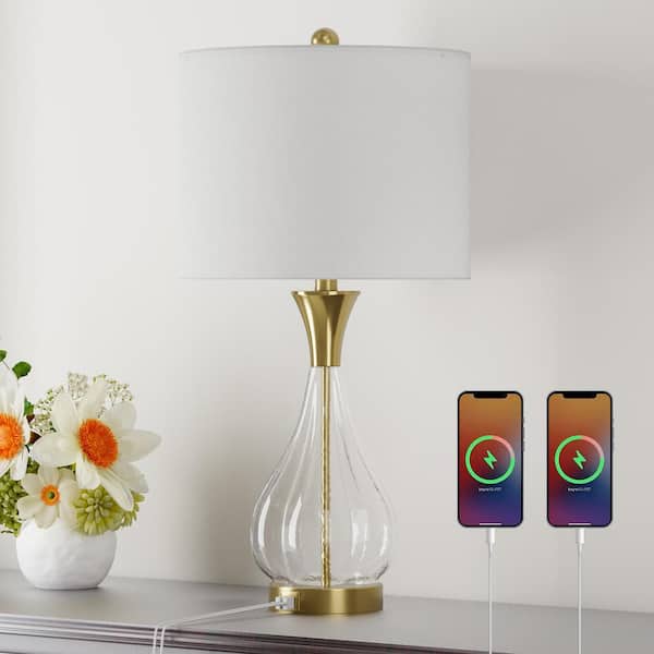 Denver 26 in. Clear Glass Brass Table Lamp with White Lampshade, USB/Type-C Ports.