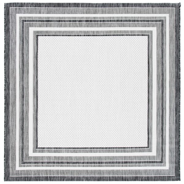 Courtyard Ivory/Black 10 ft. x 10 ft. Solid Color Striped Indoor/Outdoor Square Area Rug