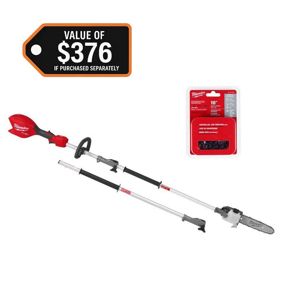 Milwaukee M18 FUEL 18V 10 in. Brushless Cordless Battery Powered Pole Saw with QUIK-LOK Attachment Capability & Extra Chain 3016-20PS-49-16-2723