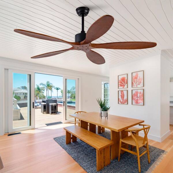 60 in. Black 5 Solid Wood Blades Downrod Standard Ceiling Fan With Remote Control and DC Motor For Living Room