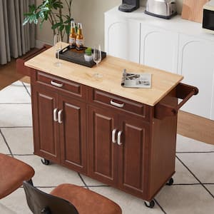 53.8 in. Wood Mobile Kitchen Island Cart With 2 drawers in Brown