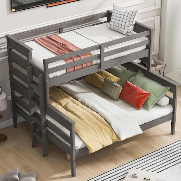 Polibi Gray Wood Twin XL Over Queen Bunk Bed with Ladder