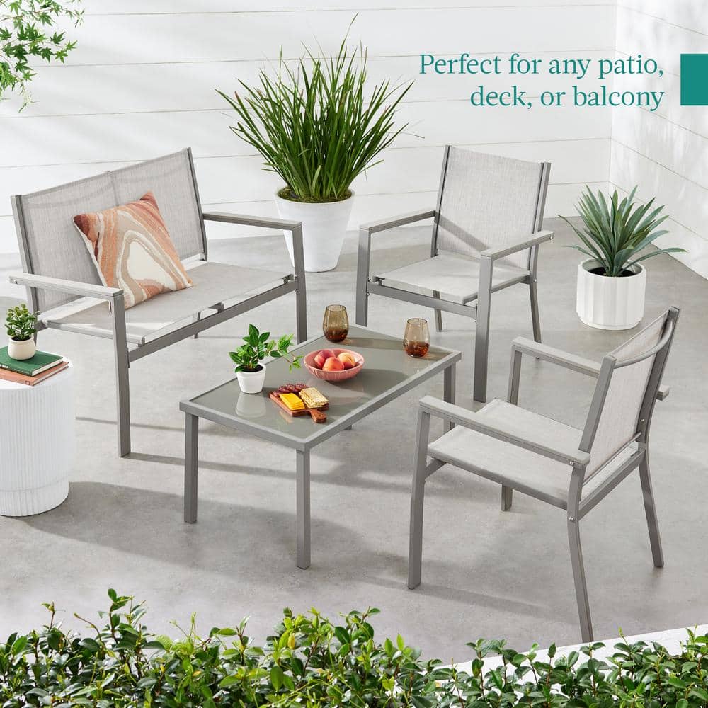 Gray Steel 4-Piece Patio Conversation Set with Armchairs and Coffee Table