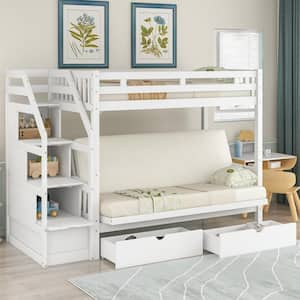 Qualler White Twin Over Full Bunk Bed With Staircase And Built-in ...