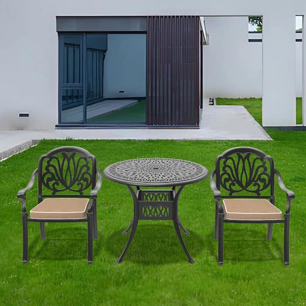 3-Piece Black Cast Aluminum Stackable Outdoor Dining Set w/ Brown Water Resistant Cushions and Nylon Anti-slip Foot Pad