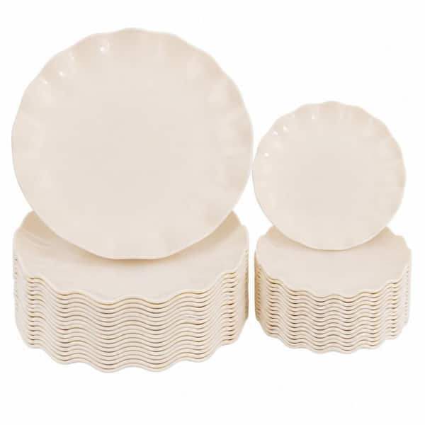 Reusable Unbreakable Plastic Plates, Beige Scalloped Dinner and Dessert Plates, BPA Free, Microwave Safe (Set of 24)