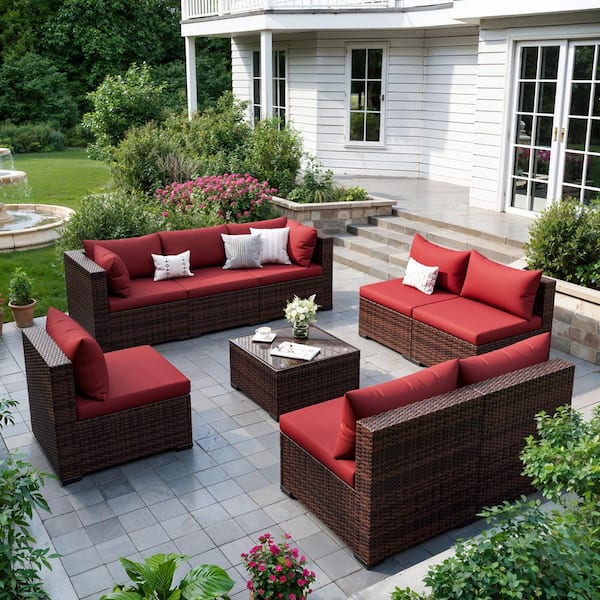 9-Piece Wicker Wine Red Cushion Patio Conversation Furniture Set