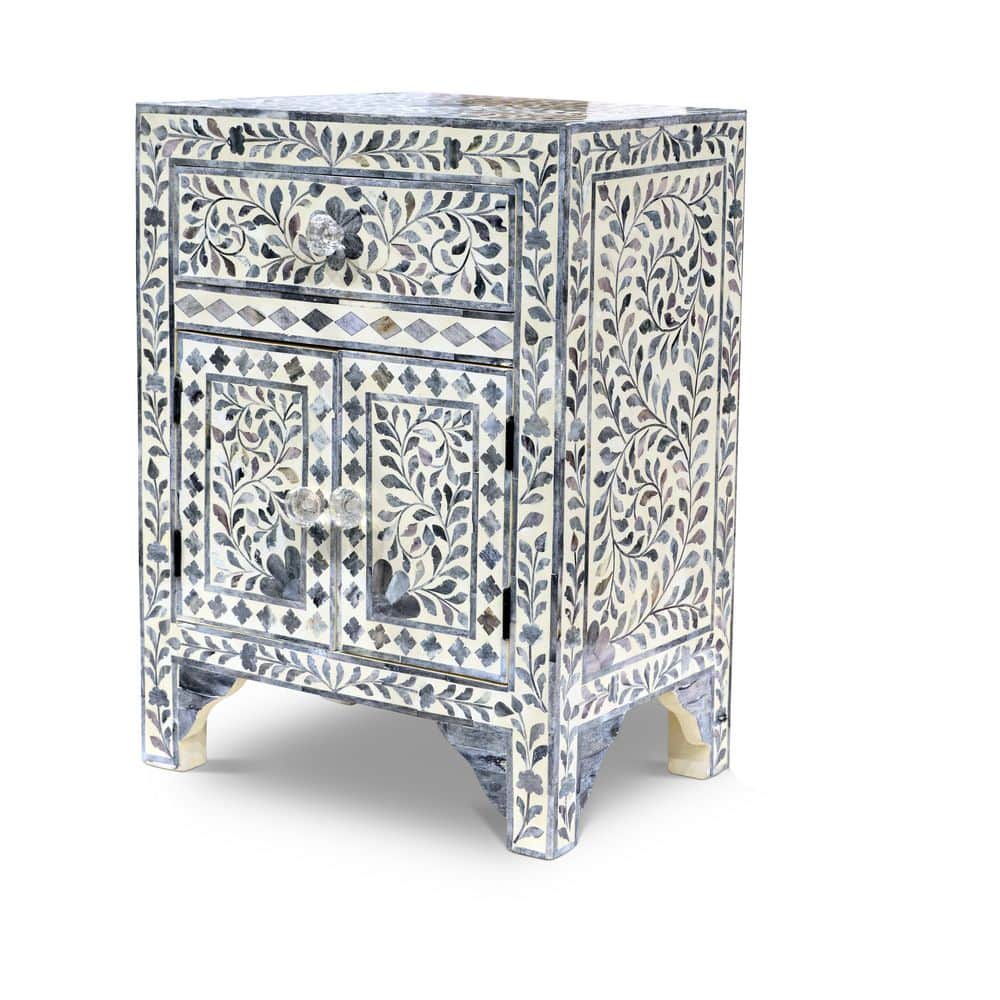 Lilac Gray Floral Vine Motif Hand-Inlaid Bone Accent Chest