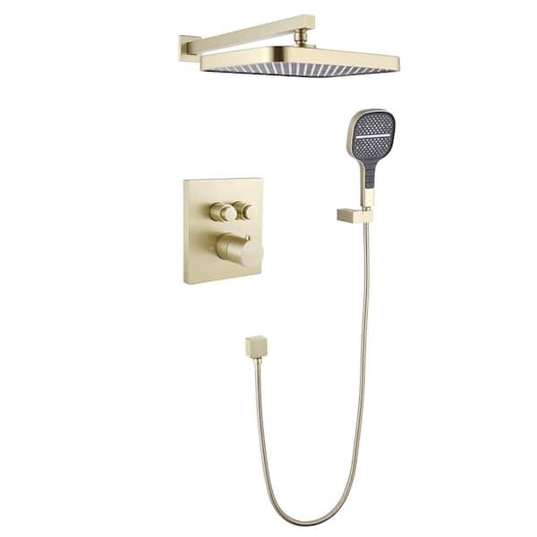 Single Handle 3-Spray Thermostatic Shower Faucet 1.8 GPM with Anti Scald Valve and Handheld Shower in Brushed Gold