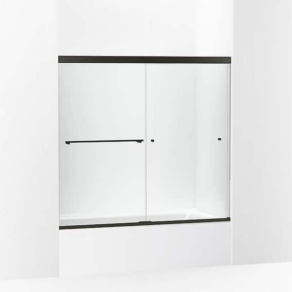 KOHLER Revel 57- 60 in. x 56 in. Frameless Sliding Tub Door in Anodized Dark Bronze with Handle with Clear Glass