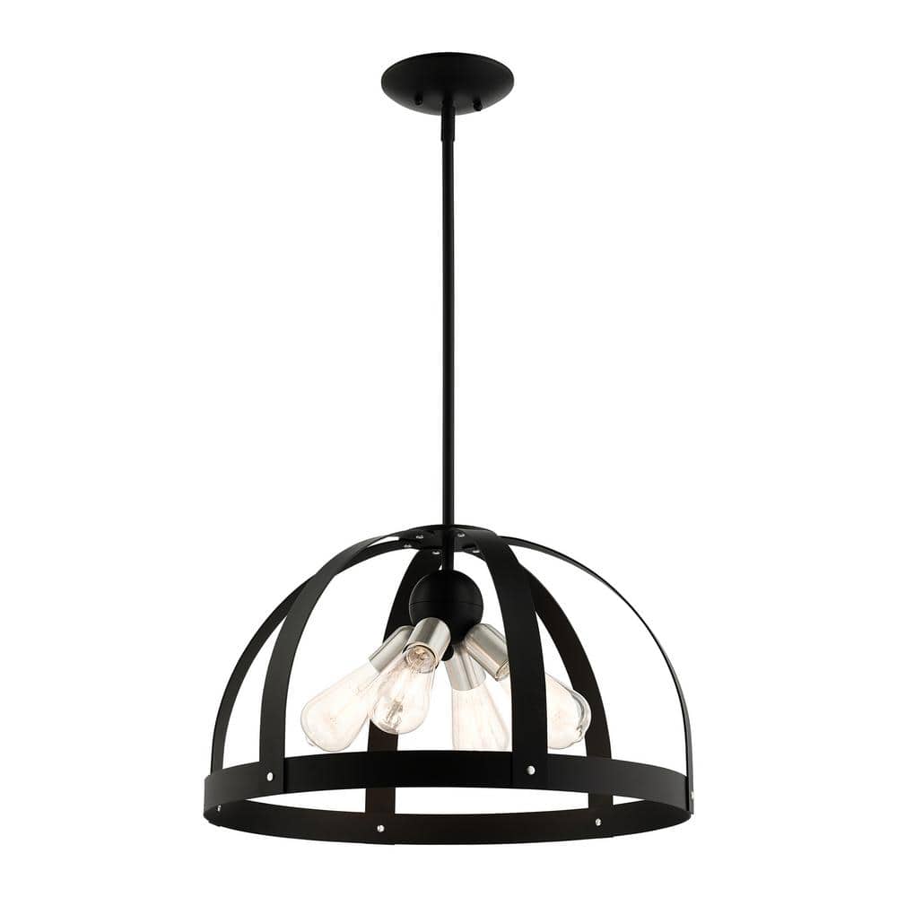 Textured Black Glass and Metal 4-Light Pendant Chandelier