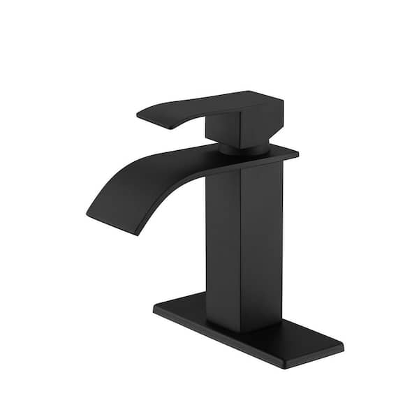 Single Hole Single Handle Mid Arc Bathroom Faucet with Deckplate and Waterfall Spout in Matte Black (1-Pack ）