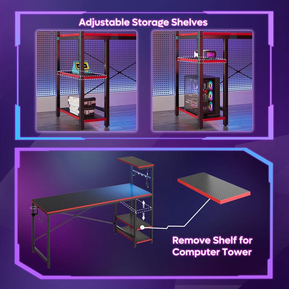 Bestier 61 Inch Black Carbon Fiber Gaming Desk with Shelves