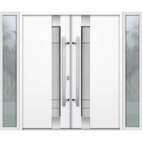 1713 100 in. x 80 in. Left-hand/Inswing 2 Sidelites Tinted Glass Black White Steel Prehung Front Door with Hardware