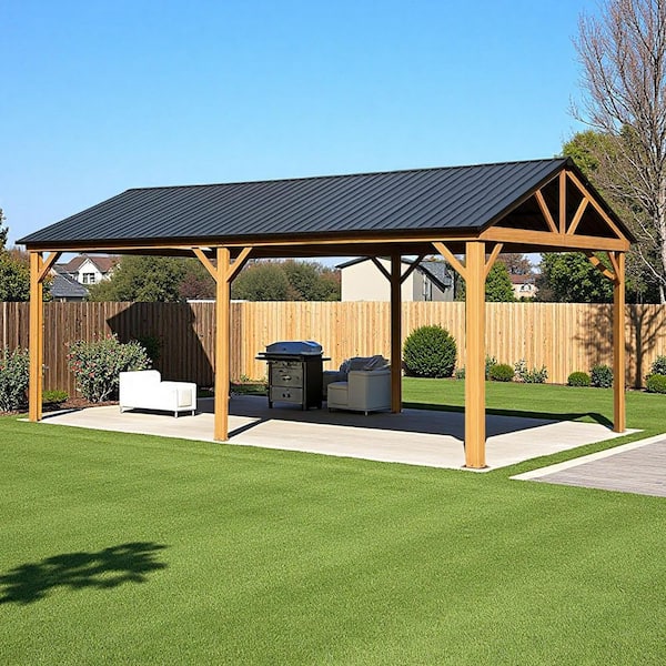 12 ft. x 20 ft. Hardtop Gazebo, Galvanized Steel Gable Roof Gazebo Pergola with Wood Grain Aluminum Frame