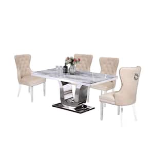 Ada 5-Piece White Marble Top Stainless Steel Base Table Set, 4-Cream Velvet Chairs with Nail Head Trim and Back Handle