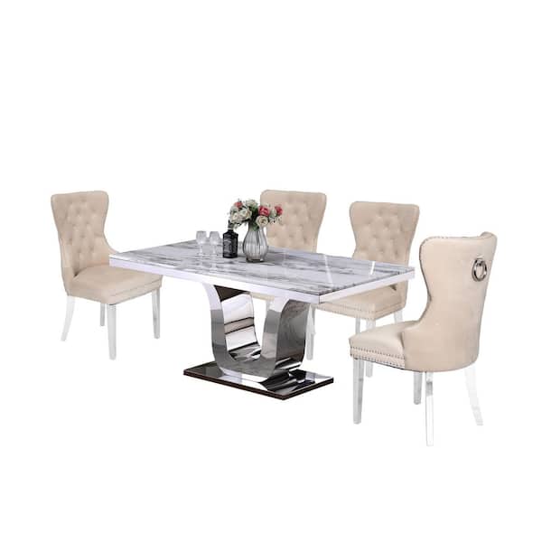 Best Quality Furniture Ada 5-Piece White Marble Top Stainless Steel Base Table Set, 4-Cream Velvet Chairs with Nail Head Trim and Back Handle