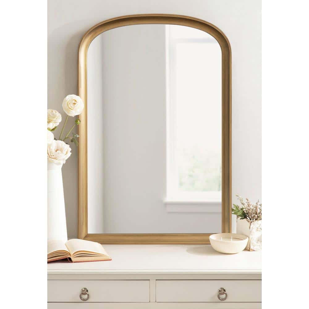 Gold Arched Wooden Wall Mirror with Basket Design, 24" x 36"