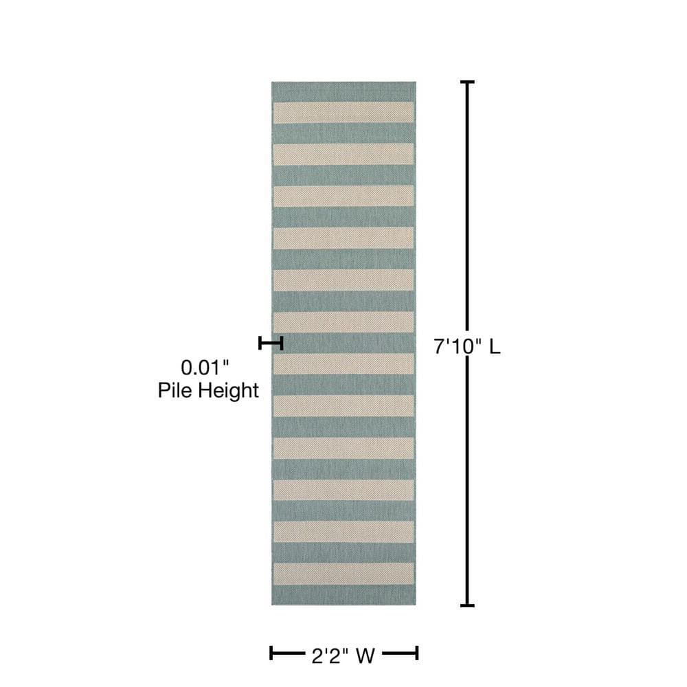 Sea Mist and Ivory Striped Outdoor Runner Rug, 2'2" x 7'10"