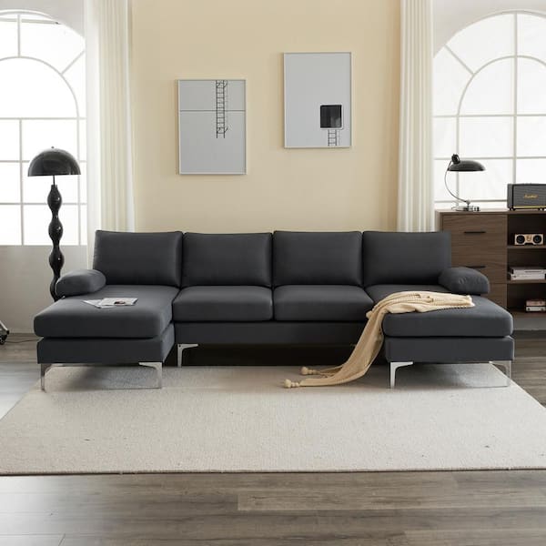Metal Leg's Collection 110 in. Pillow Top Arm 3-Piece U-shaped Chenille Modern Sectional Sofa in. Gray