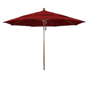 11 ft. Woodgrain Aluminum Commercial Market Patio Umbrella Fiberglass Ribs and Pulley Lift in Jockey Red Sunbrella