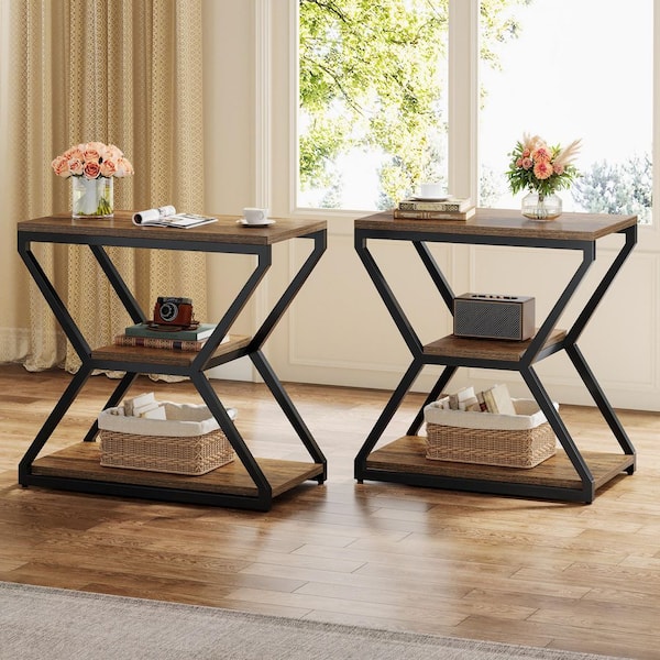 BYBLIGHT Kerlin 23.6 in. Rustic Brown Rectangle End Table with Metal Frame (Set of 2), Small 3-Tier Sofa Table Bedside Nightstand