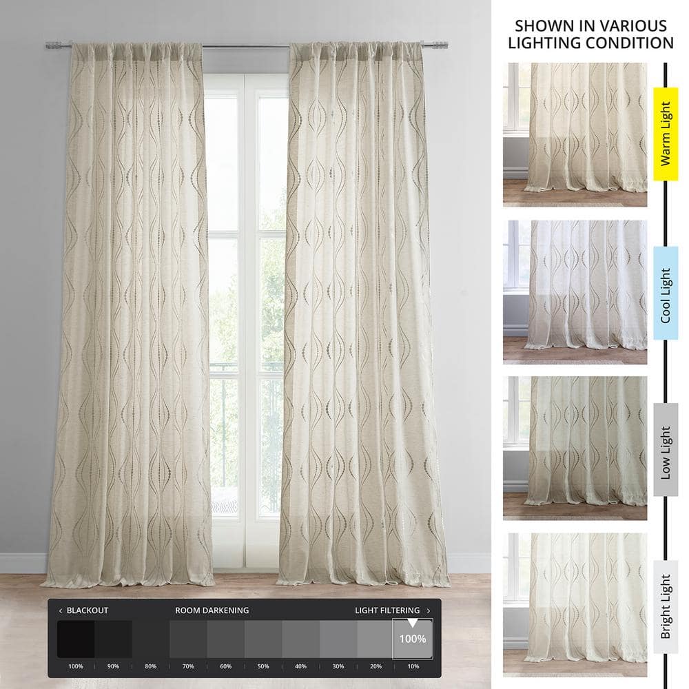 Suez Natural Embroidered Faux Linen Sheer Curtain Panel 50W x 84L