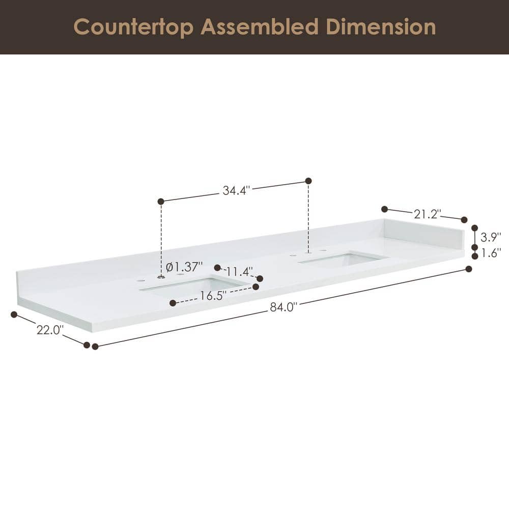 Altair Snow White 84" Engineered Stone Vanity Top with Ceramic Sinks